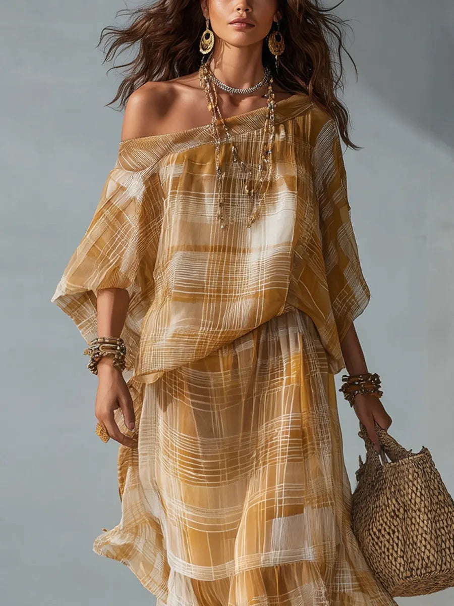 Bohemian Mustard Plaid Chiffon Two Piece Skirt Set