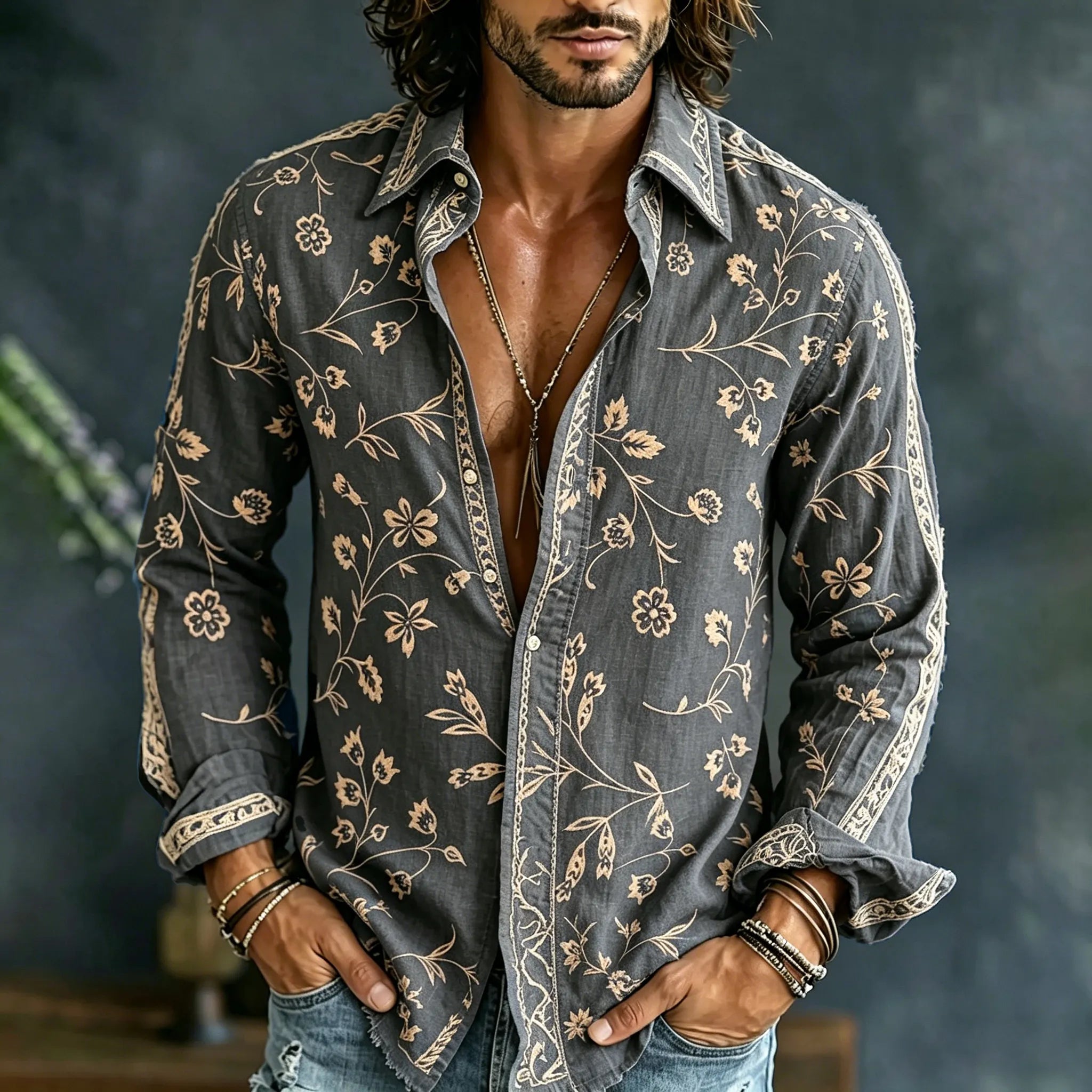 Men's Vintage Spring Floral Embroidered Art Print Flowy Linen Blend Casual Shirt
