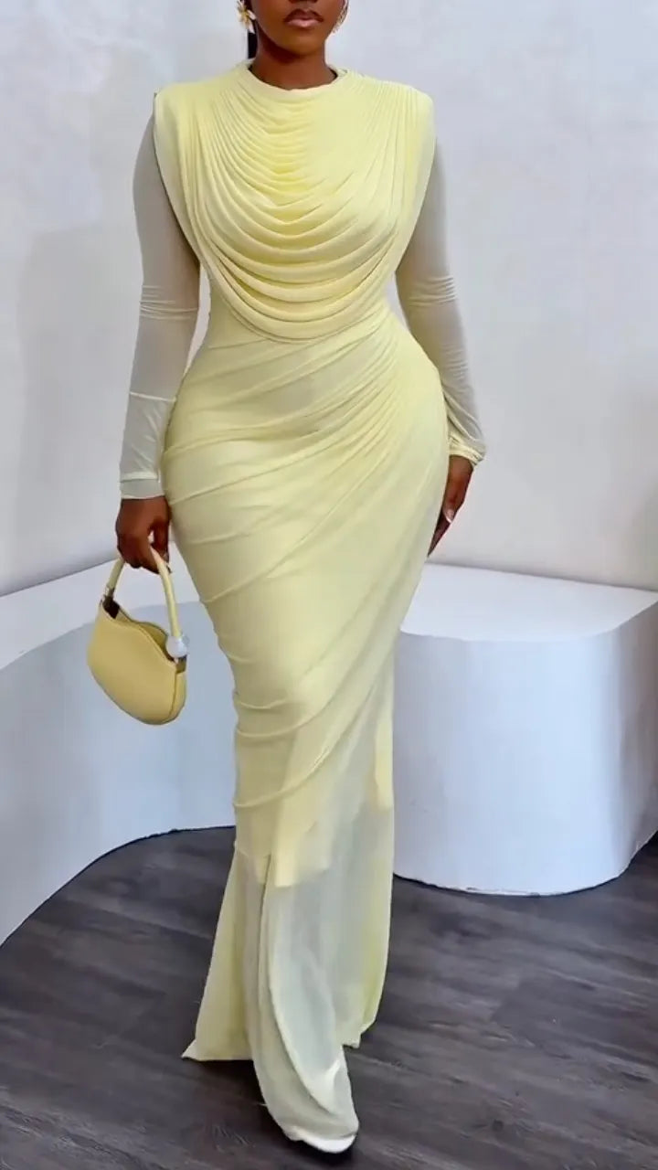 Draped Mesh Sleeve Formal Maxi Dress