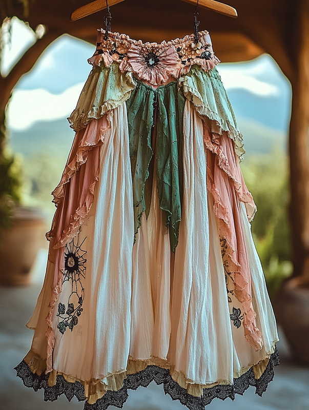 Summer ruffled cotton and linen patchwork contrast color skirt b895