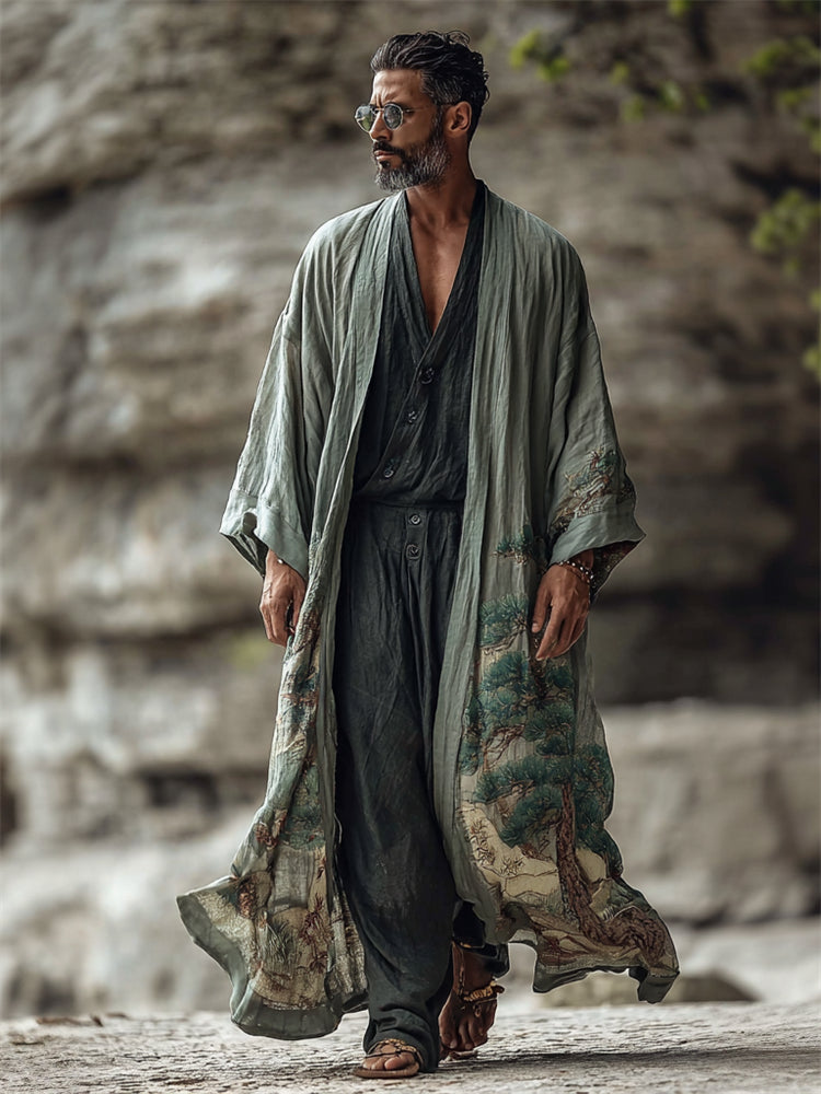 Men's Japanese Pine Tree Landscape Flowy Linen Long Kimono