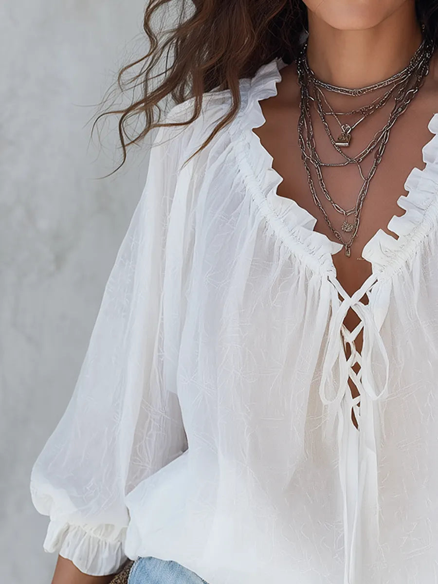Airy White Lace-Up Boho Blouse