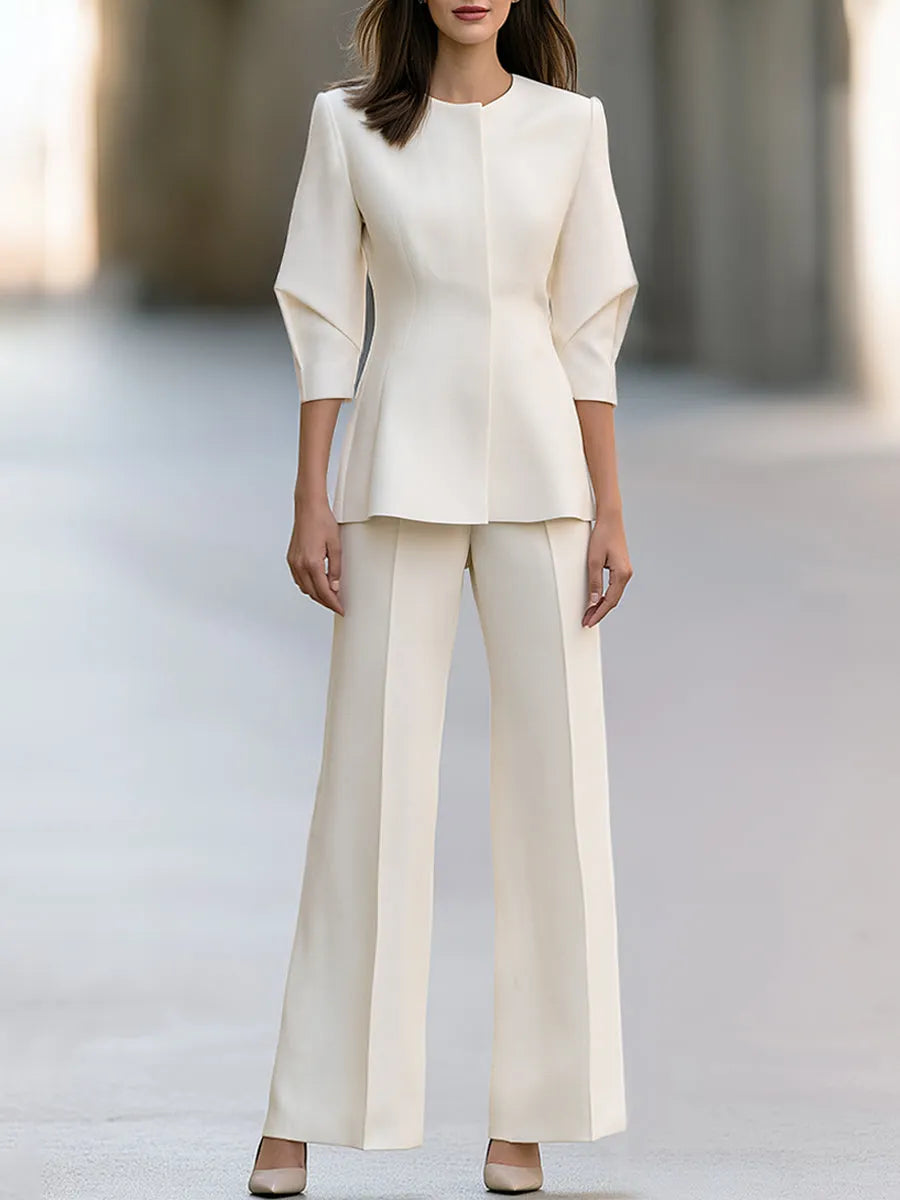 Sculpted Sleeve Peplum Jacket And Wide-Leg Pants Set