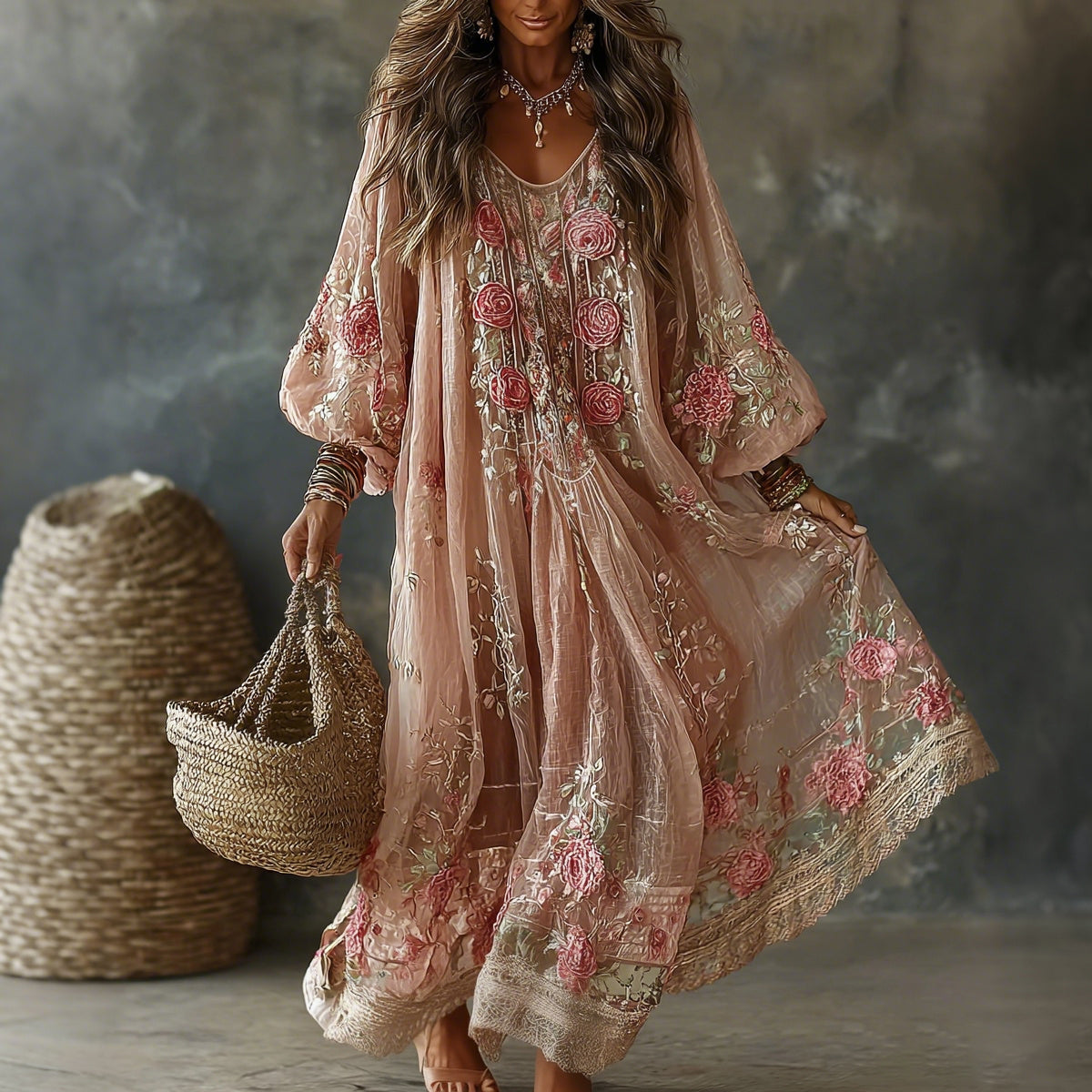 Women's Vintage Floral Art Print Flowy Linen Blend Casual Long Sleeve Maxi Dress