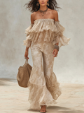 Romantic Bohemian Nude Ruffled Off-Shoulder Top Set