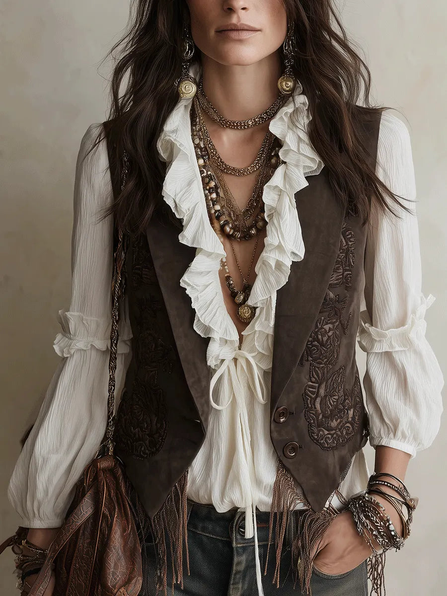 Western Boho Suede Embossed Lace-Up Brown Vest