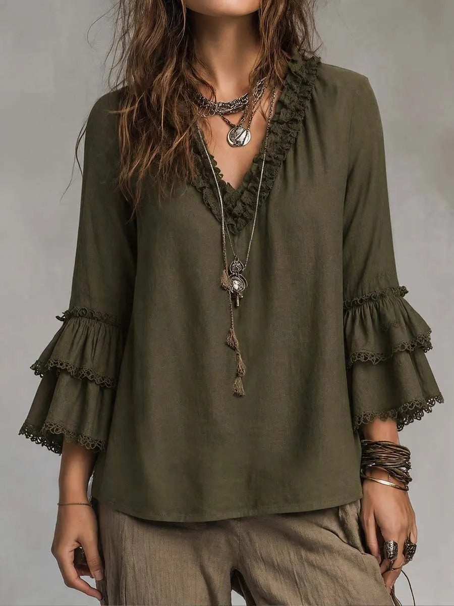 Ruffled Lace Cotton Linen Long-sleeved Blouse
