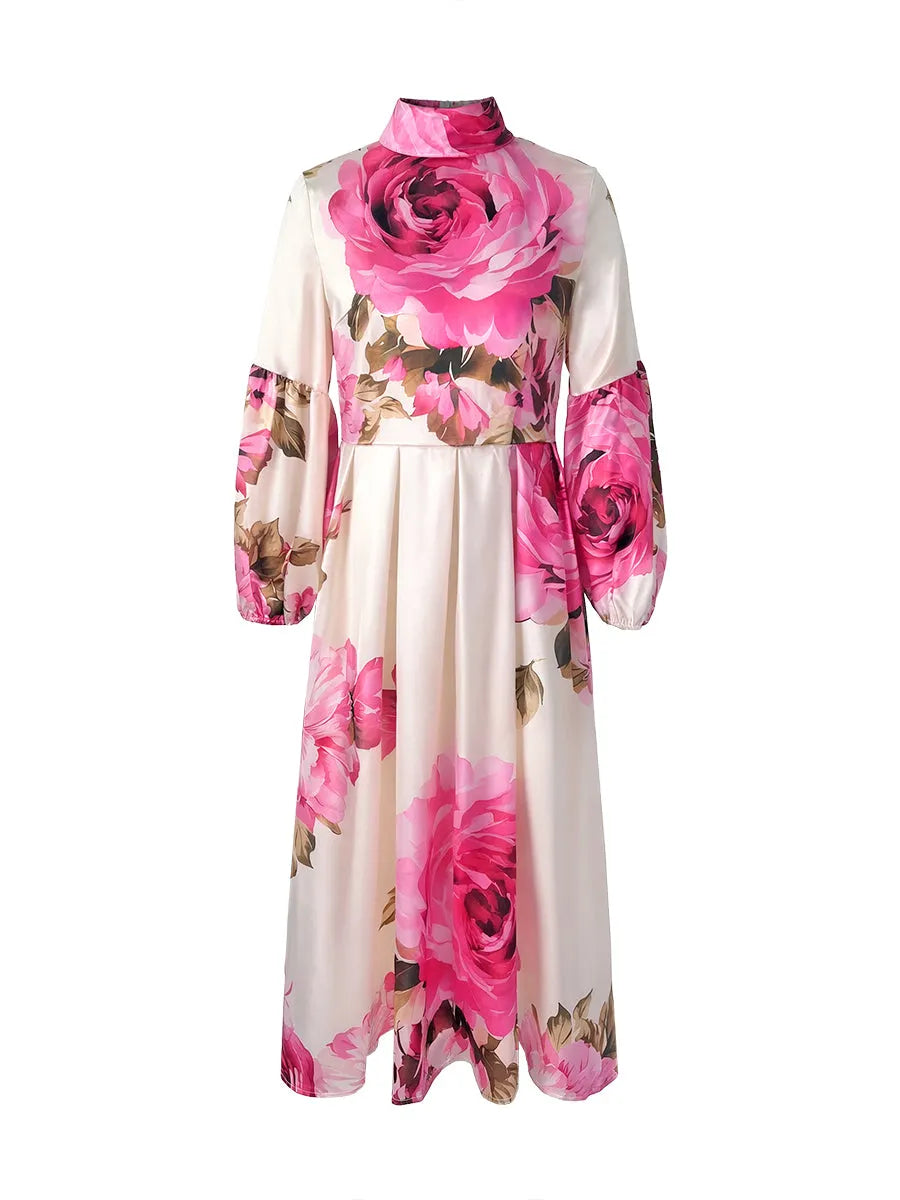 A-Line Long Sleeves Elasticity Flower Print Pleated Mock Neck Maxi Dresses