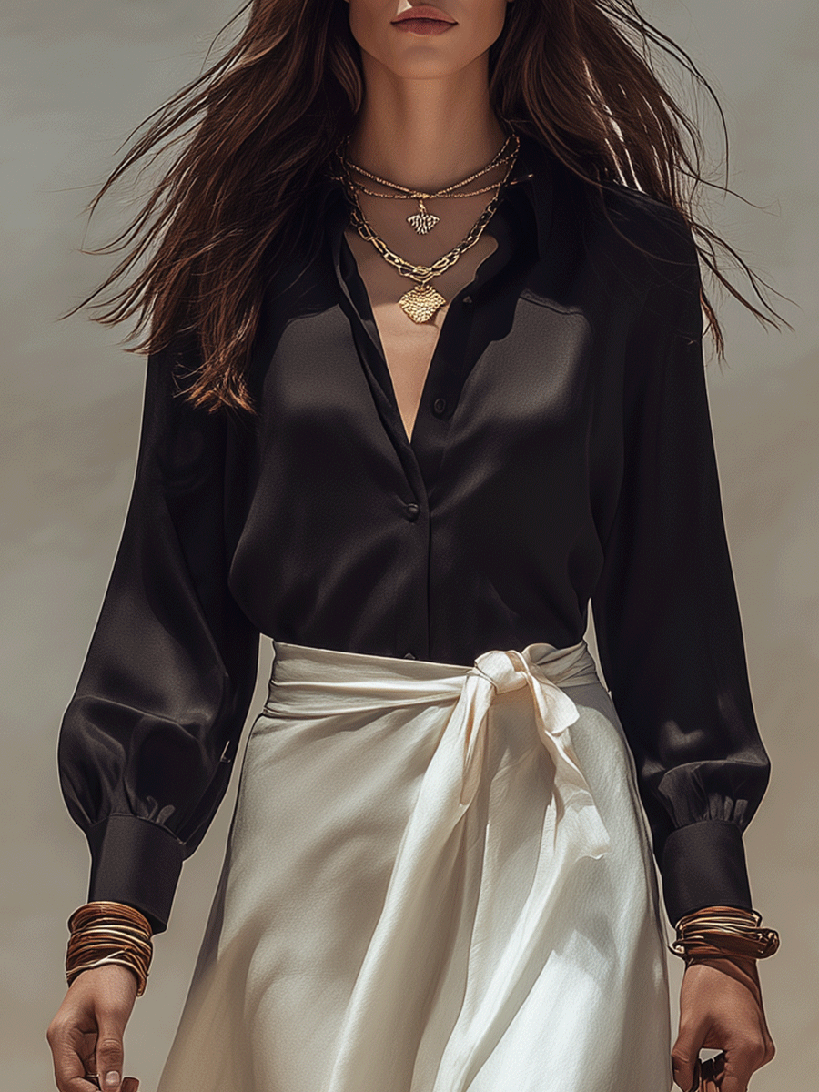 Elegant Effortless Chic Satin Blouse & Wrap Midi Skirt Set