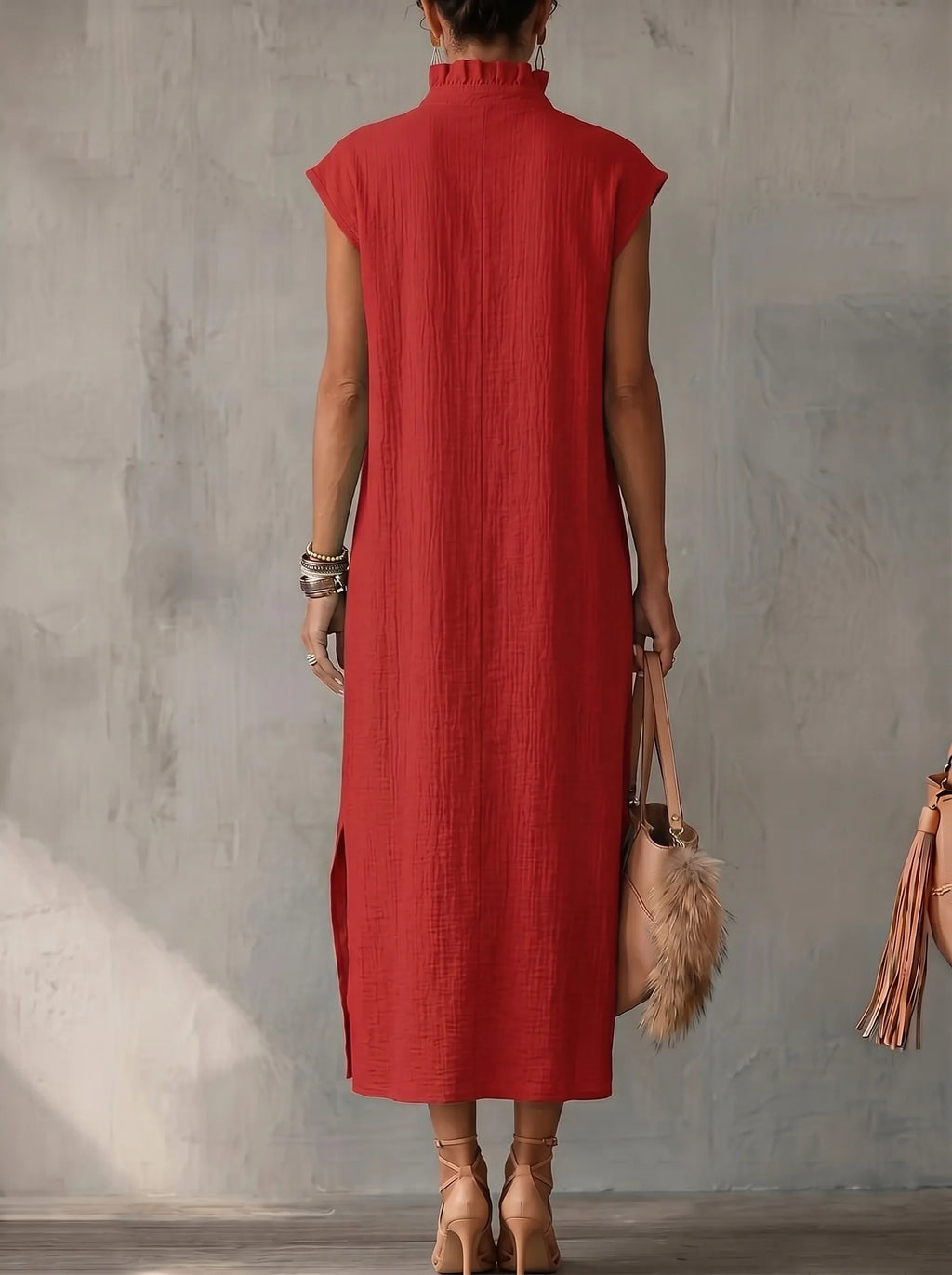 Pockets Ruffle Trim Solid Color Split-side Loose Sleeveless Stand Collar Midi Dresses