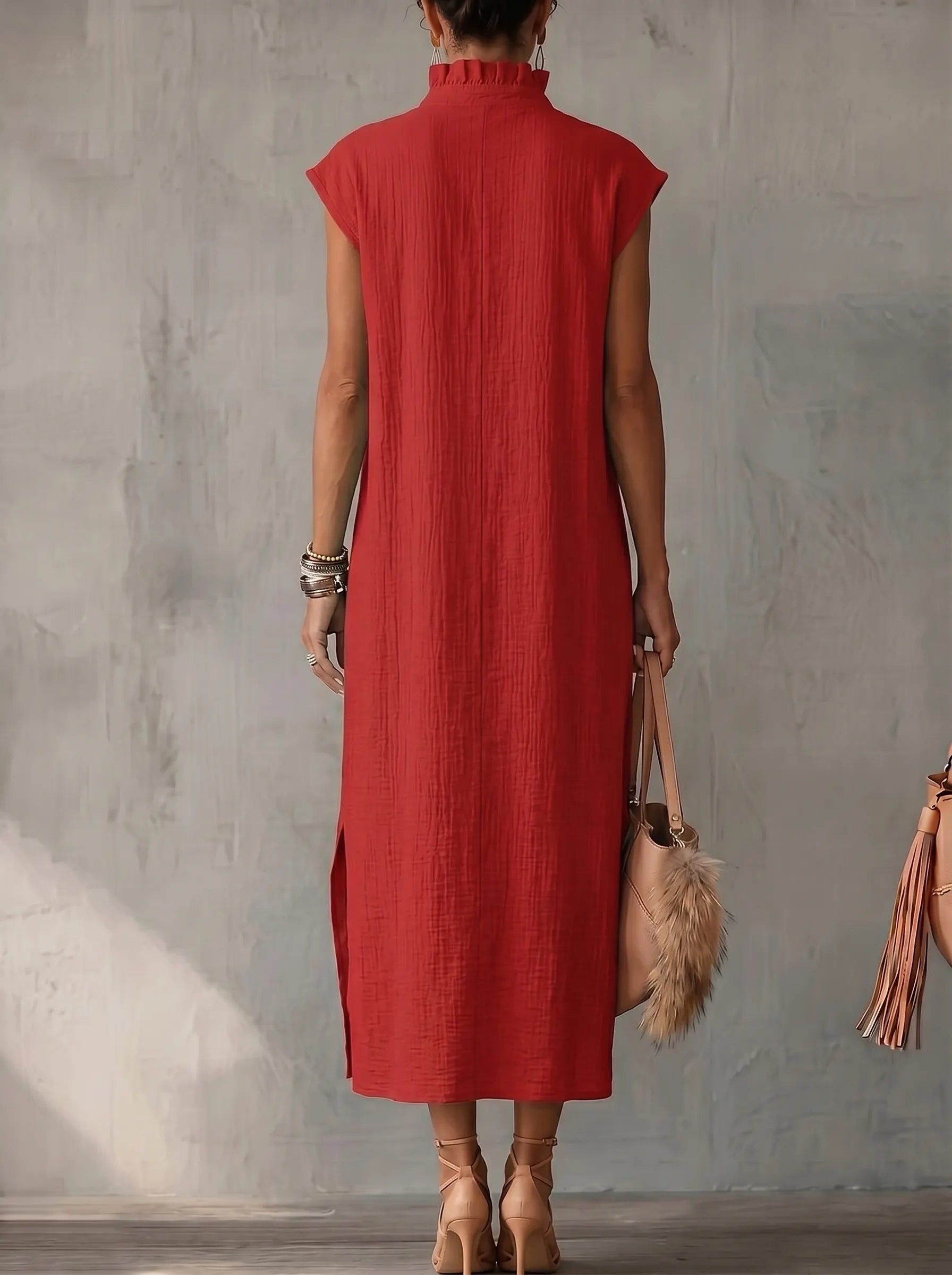 Pockets Ruffle Trim Solid Color Split-side Loose Sleeveless Stand Collar Midi Dresses