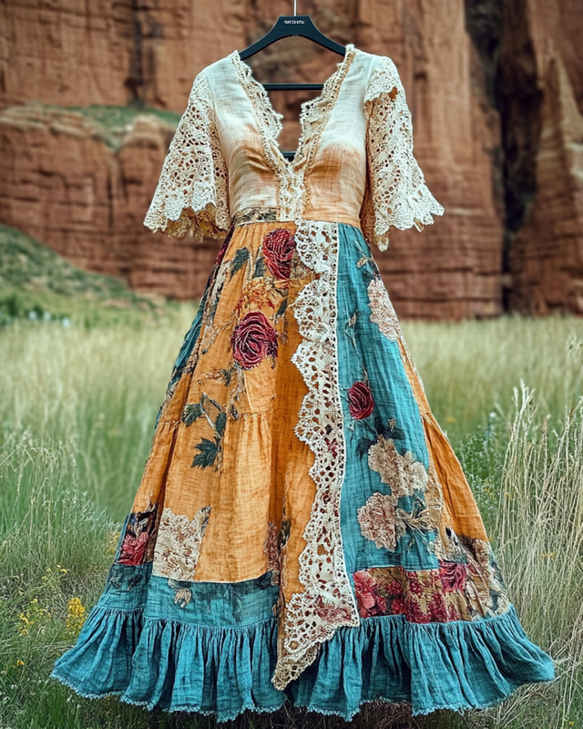 Summer Vintage Floral Lace Patchwork Dress babf