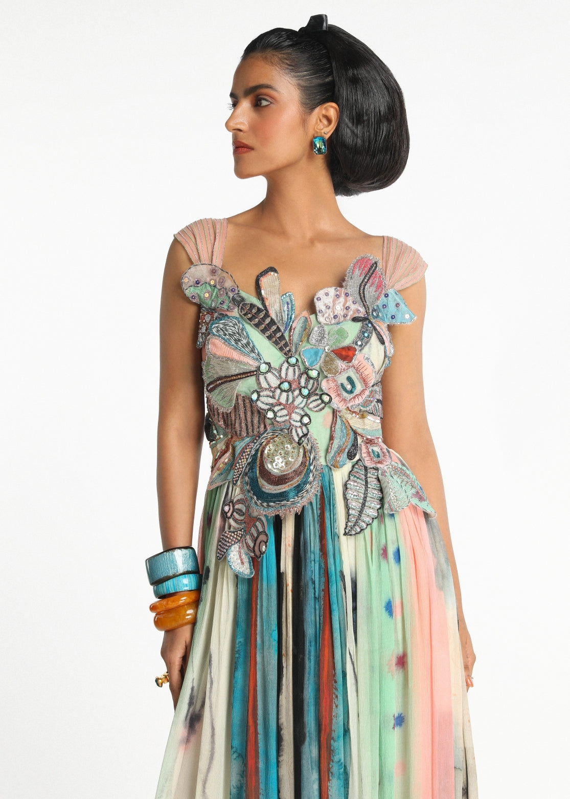 Aether - Aurora applique 3d embellished flower cupro gathered maxi dress