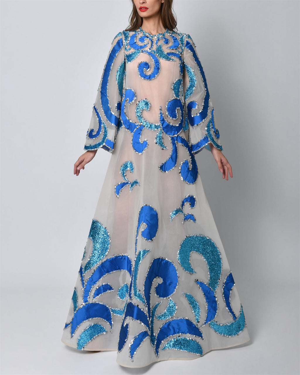 Women's Round Neck Long Sleeve Sequined Evening Dress