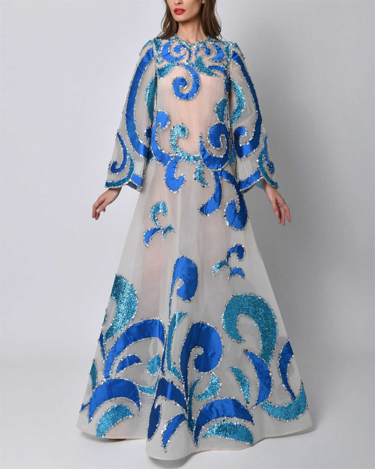 Women's Round Neck Long Sleeve Sequined Evening Dress