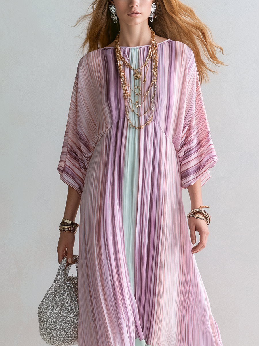 Bohemian Pink Striped Color Blocked Maxi Dress