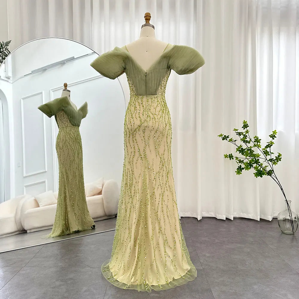 Dreamy Vow Olive Green Luxury Dubai Evening Dresses Elegant Off Shoulder Mermaid Arabic Women Wedding Formal Party Gowns 377