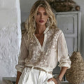 Women's Floral Embroidery Linen V-neck T-shirt