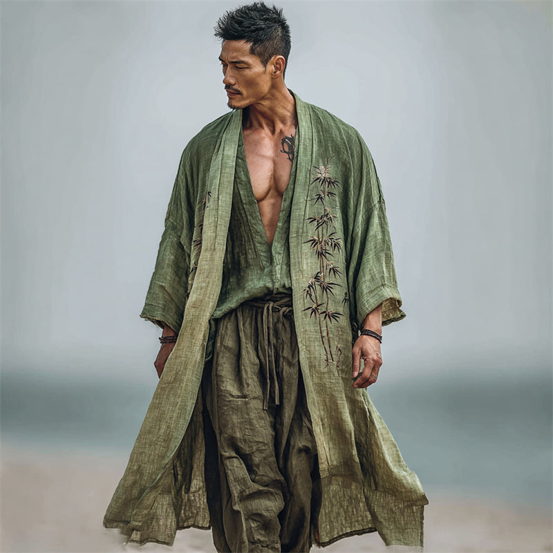 Men's Japanese Bamboo Gradient Flowy Linen Long Kimono