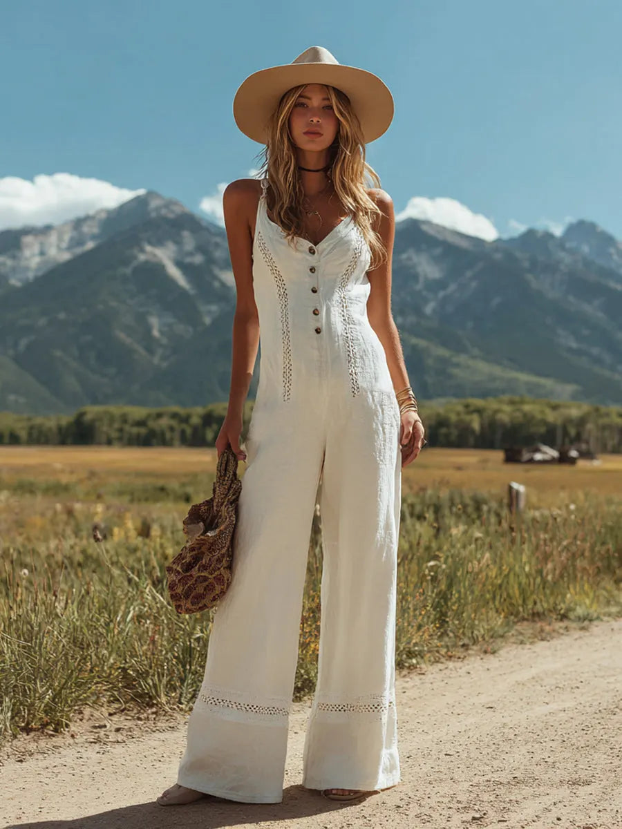 [24-hour shipping out]Women's White Linen Sleeveless Suspender Button Jumpsuit With Lace Design
