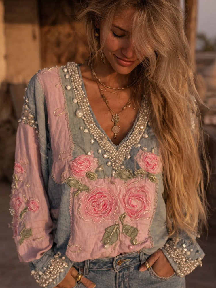 Women's Pink Rose Embroidered Denim Patchwork Linen Shirt