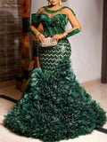 Round-Neck Sequined See-Through Falbala Mermaid Evening Maxi Dress