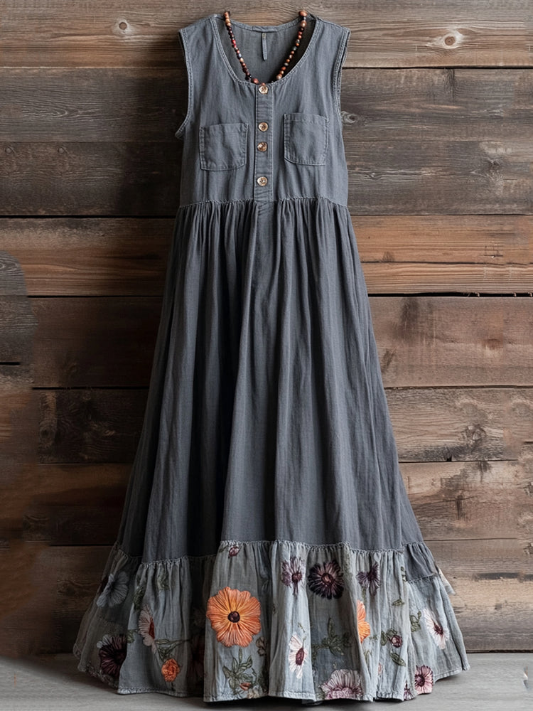 Vintage Denim Floral Patch Design Women's Dress