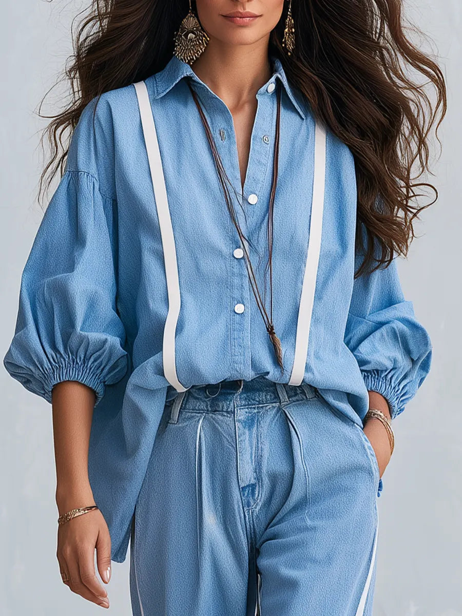 Casual Blue Stripe Button Front Shirt Denim Co-ord Set