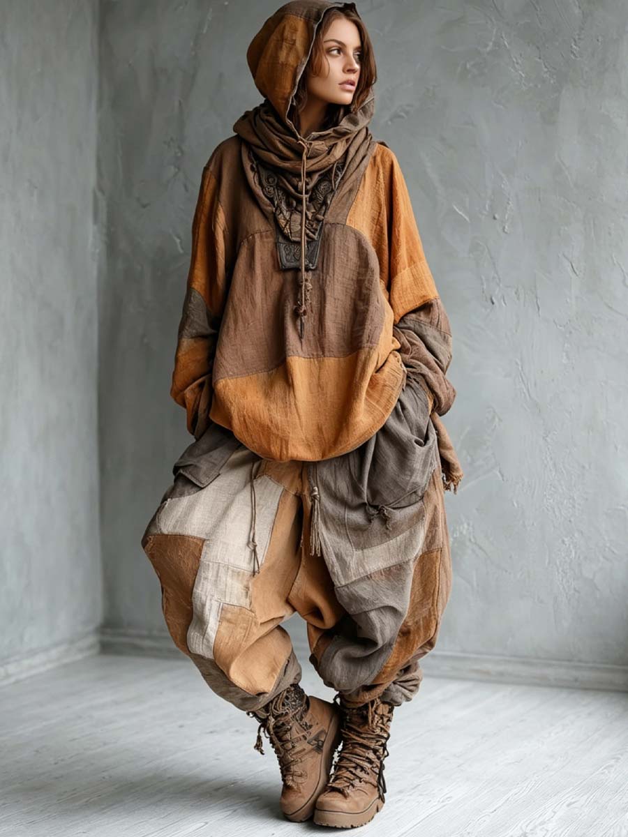 Women's Ethnic Stylish Casual Hooded Patchwork Cotton And Linen Top And Pants Two-piece Set