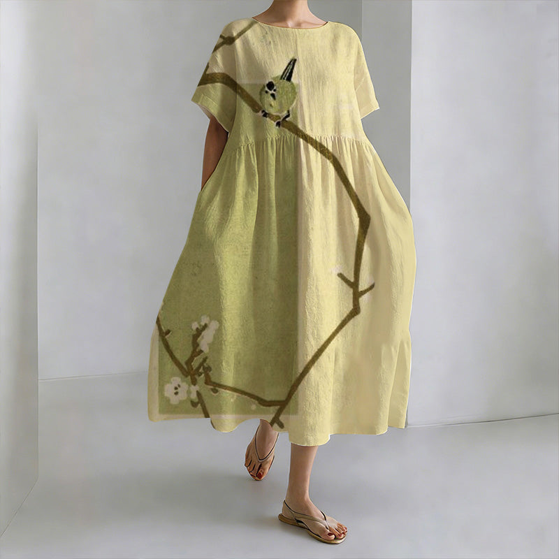Japanese Style Magpie Perched On A Tree Branch Round Neck Casual Dress