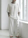 Men's White Linen Side Button Asymmetric Hem Wide Leg Two Piece Set