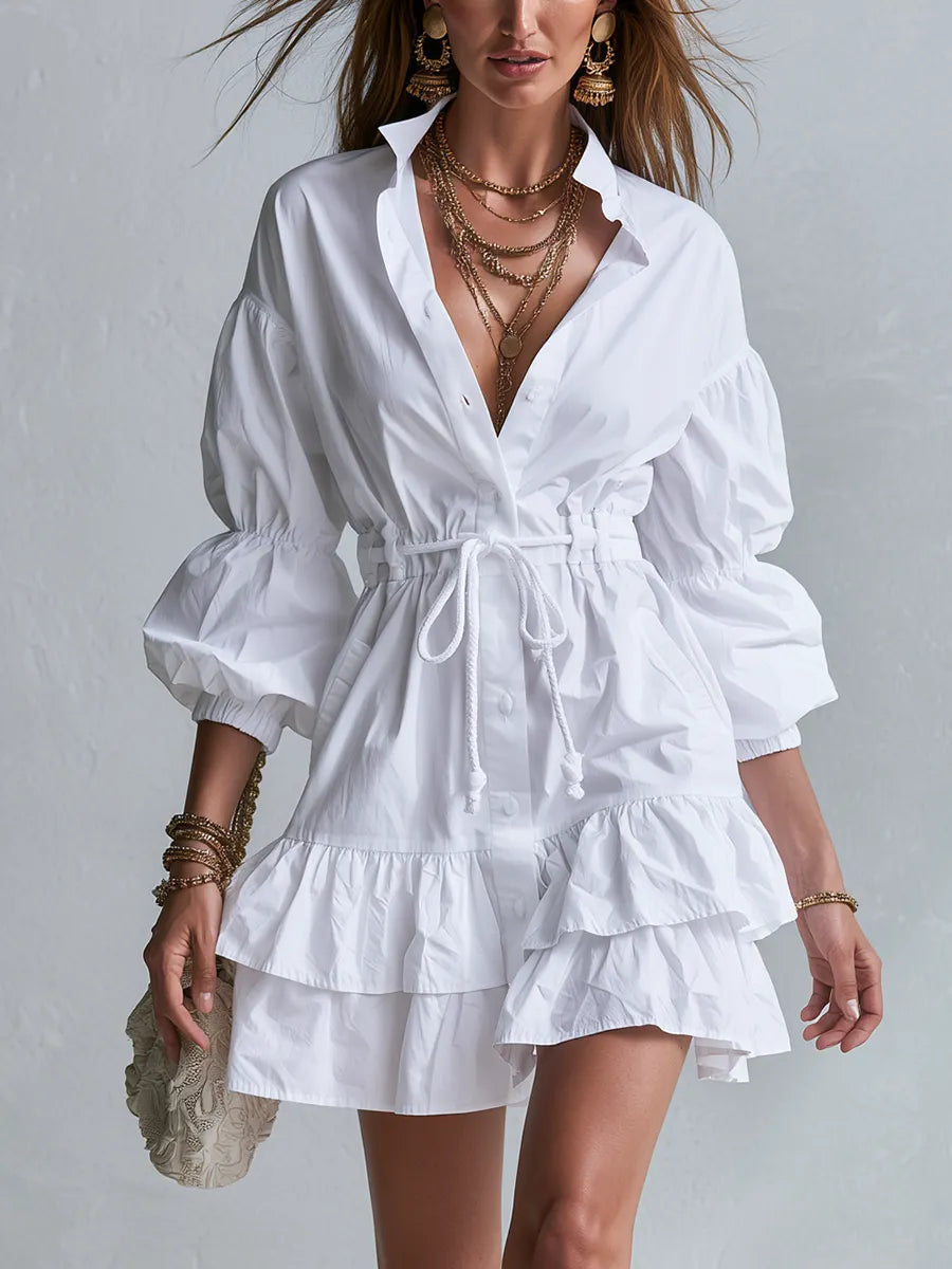 Bohemian White Ruffled Shirt Dress