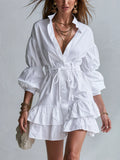 Bohemian White Ruffled Shirt Dress