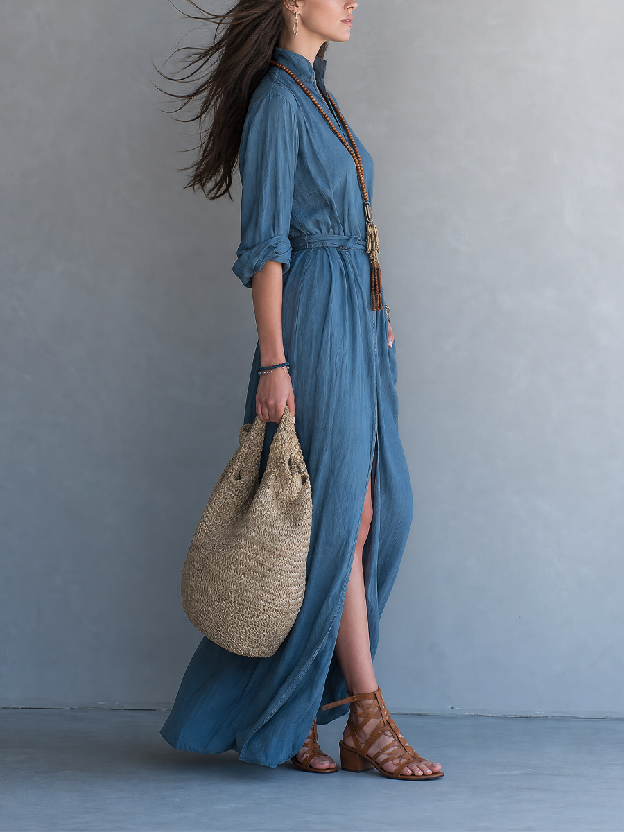 Effortless Resort Blue Button Front Maxi Dress