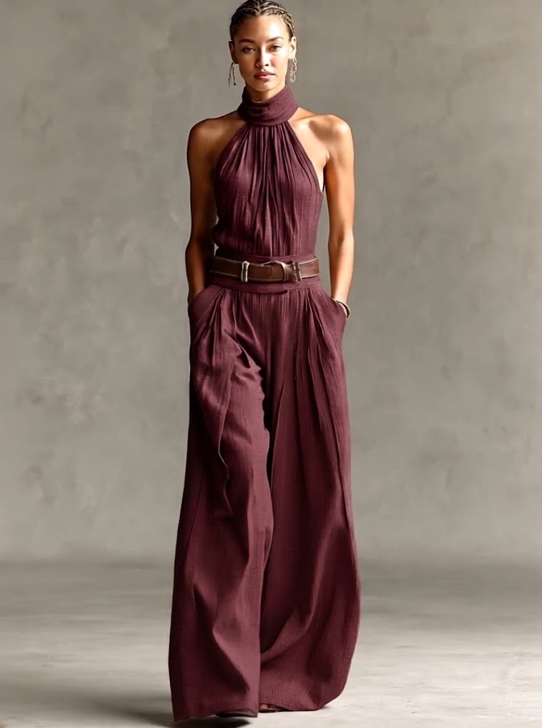 Stylish Waist-cinching Sleeveless Linen-cotton Jumpsuit