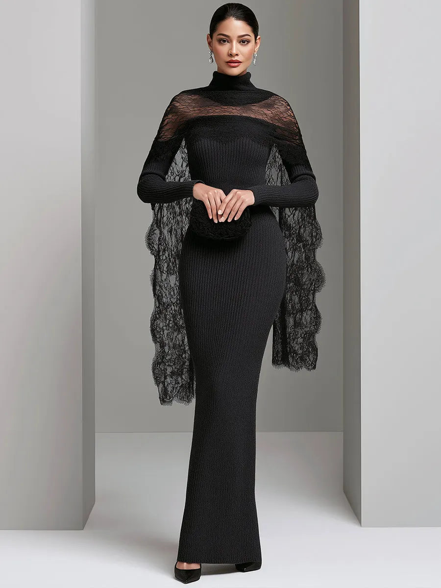 Lace Cape Ribbed Knit Maxi Dress