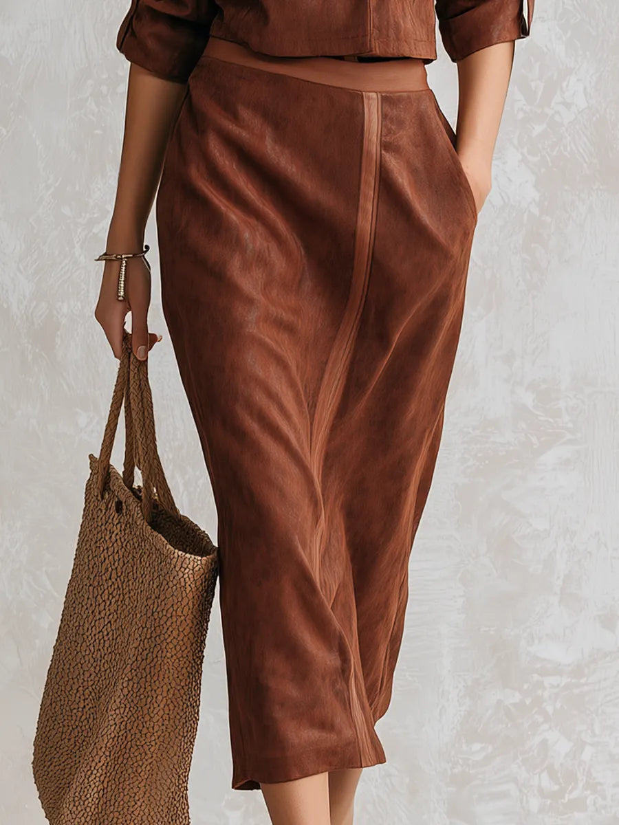 Vintage Brown Suede Tailored Blazer & Midi Skirt Set