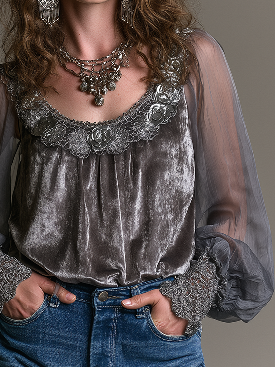 Romantic Vintage Sheer Sleeve Velvet Top
