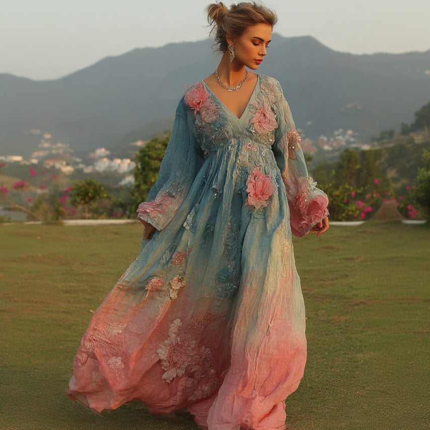 Women's Retro Bohemian Style Artistic Floral V-neck Long Dress.