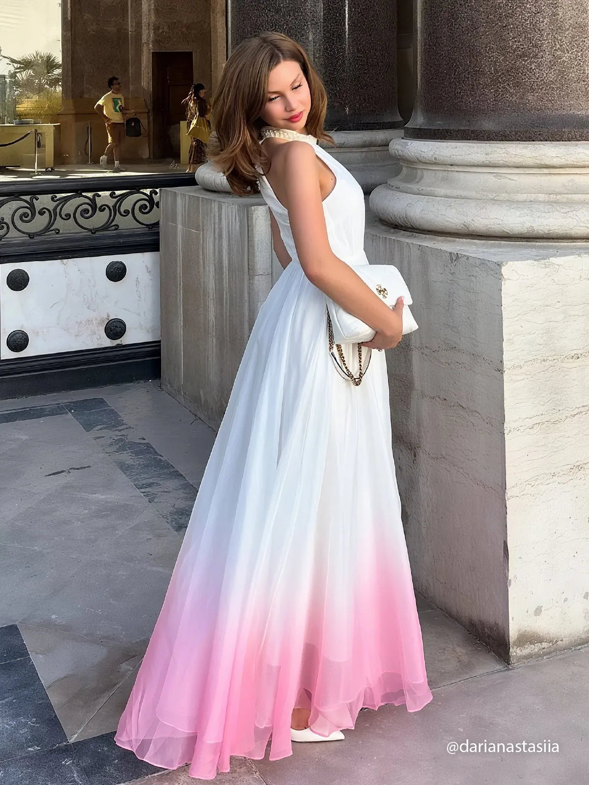 Pink Chiffon Halter Ombre Imitation Pearls Cut Out Sleeveless A-Line Mock Neck Maxi Dress