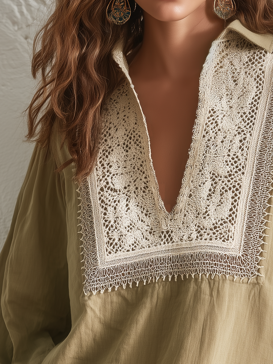 Elegant Khaki Lace Panel Blouse