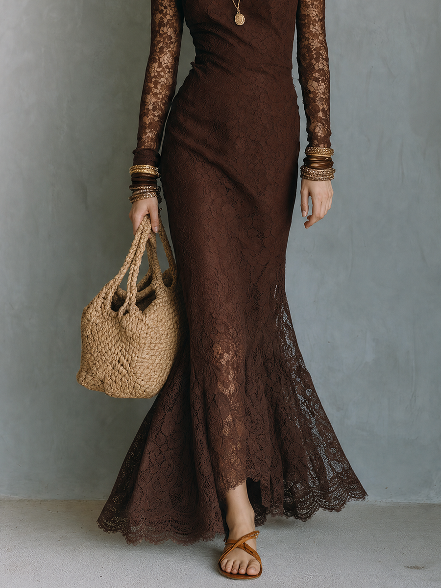 Resort Evening Sheer Sleeve Lace Bodycon Maxi Dress