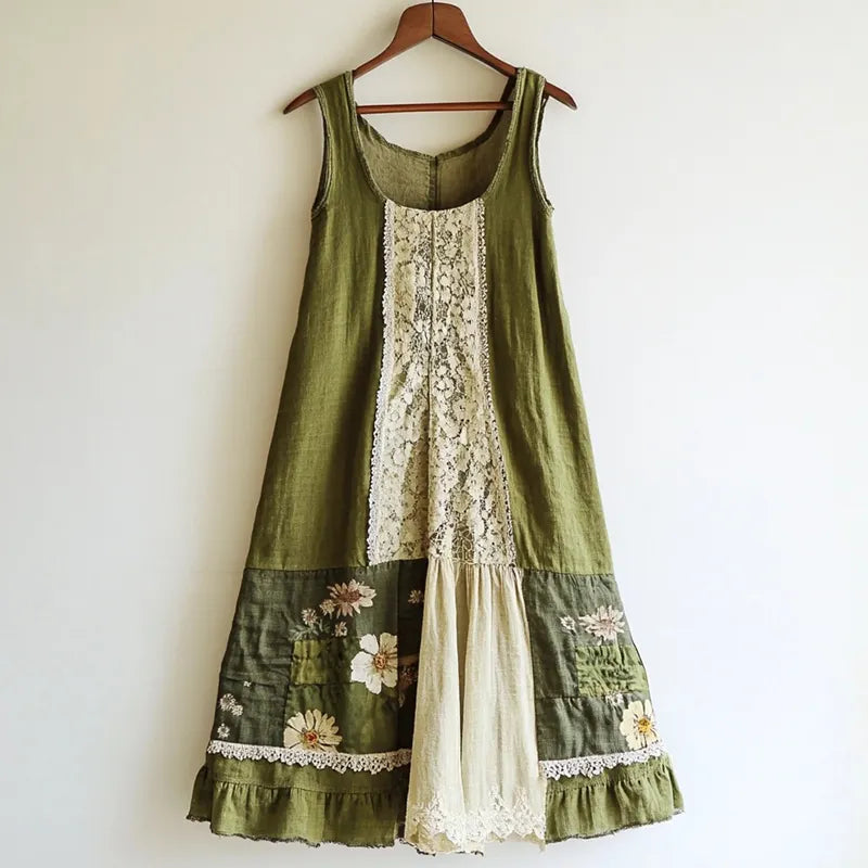 Boho Floral Pattern Linen Lace Patchwork Dress 6844