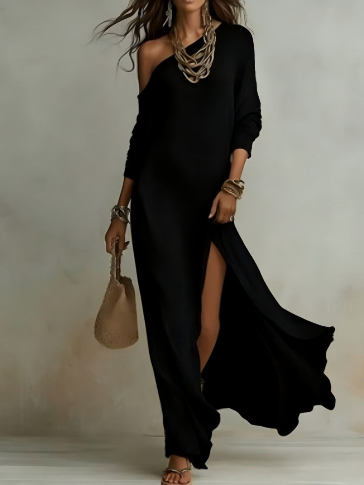 Women's Off-the-Shoulder Waffle Knit Maxi Dress - Elegant High-Slit Beach Vacation Dress