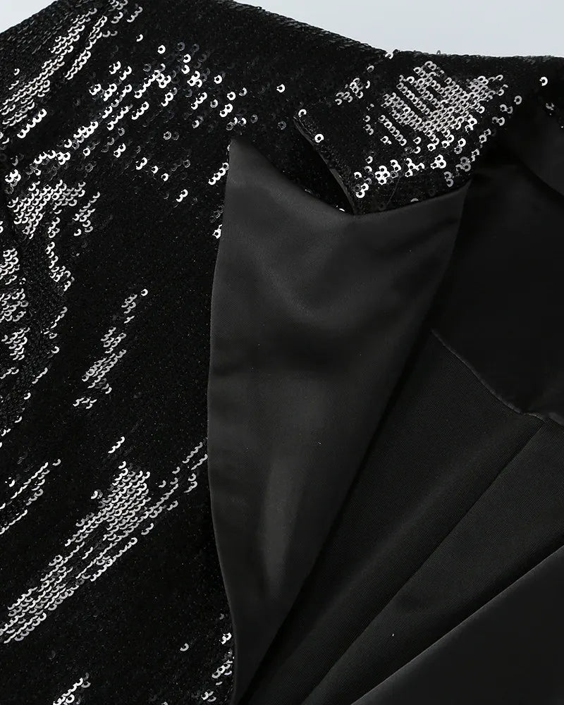 Long Sleeve Sequin Two Piece Dress Black White