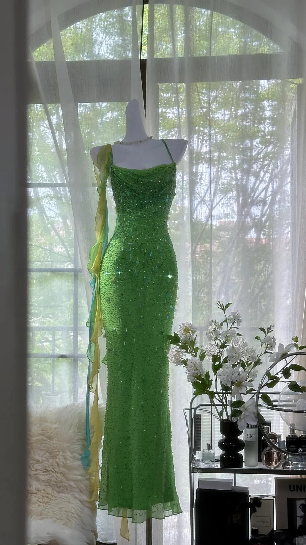 Green Beautiful Charming Fashion Elegant Sparkling Exquisite Sequin Beaded Long Chiffon Ball Gown Evening Gown Birthday Party Gown Prom Gown Graduation Gown 3946