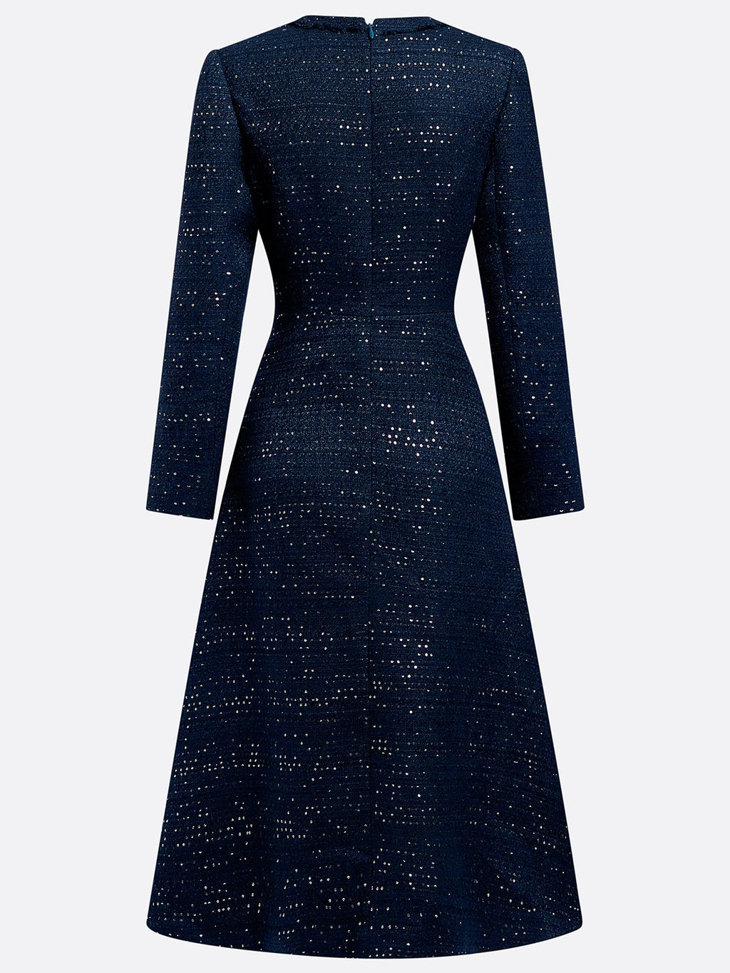 Dark Blue Bow Buckle Tweed Crew Neck Long Sleeve A-Line Midi Dress