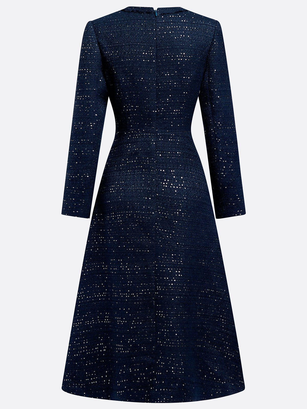Dark Blue Bow Buckle Tweed Crew Neck Long Sleeve A-Line Midi Dress