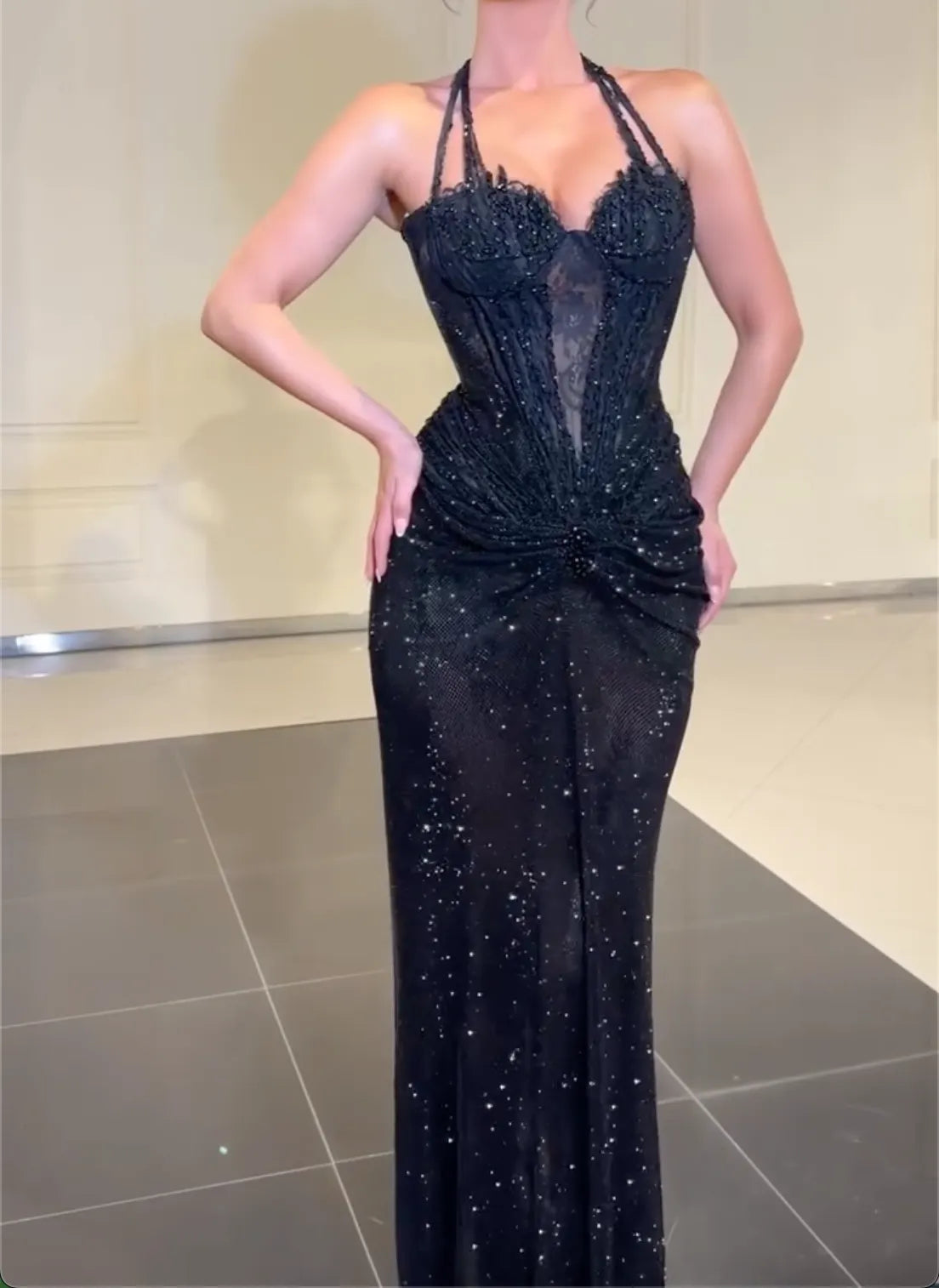 Black Halter Lace Corset Evening Maxi Dress - Waist Twist Sparkle Mesh Mermaid Formal Gown