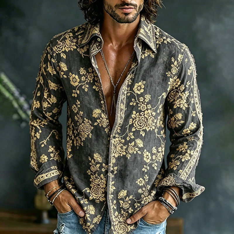 Men's Spring Summer Colorful Floral Embroidered Art Print Flowy Linen Blend Shirt
